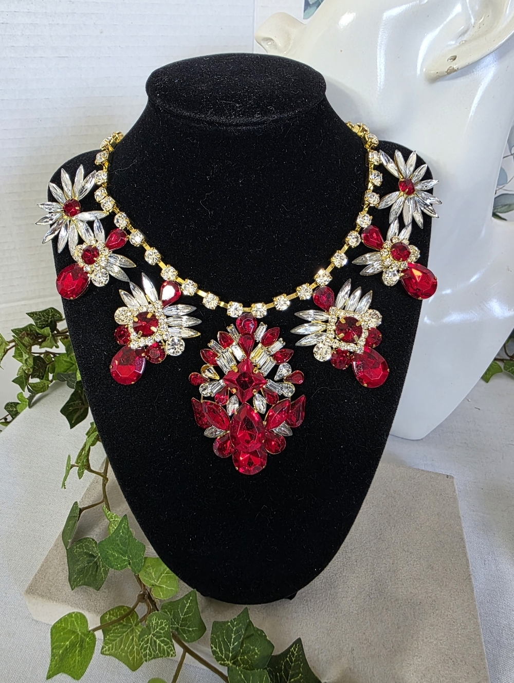 Gold and Red Statement Cluster Design Necklace